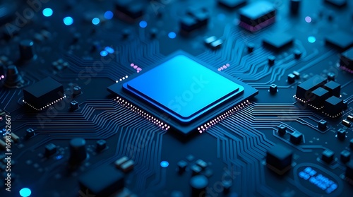 Close Up of Futuristic Microchip on Electronic Circuit Board