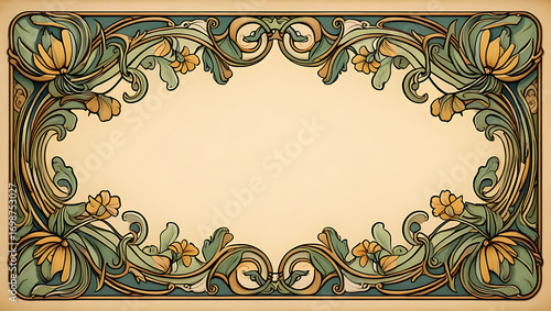 Elegant art nouveau frame with floral ornaments, featuring stylized flowers and leaves in muted green and gold tones, perfect for vintageinspired designs, invitations, and decorative projects, creatin