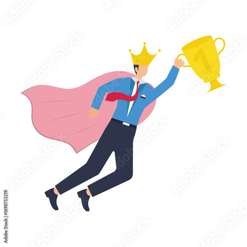 Success superhero businessman stand near 1st place award and crown best employee of the month, triumph concept, success businessman superhero stand with 1st place award with crown. stock illustration 