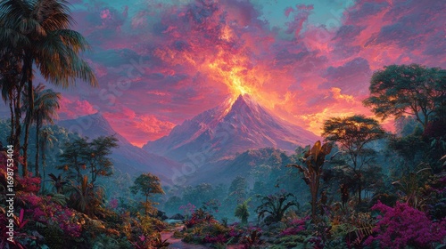 a vibrant volcano erupts in the dense jungle sending ash and lava high into the sky while surrounding flora and fauna are illuminated by the fiery glow during the golden hour