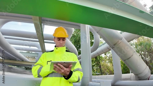 Worker examines pipeline infrastructure during daylight in outdoor facility