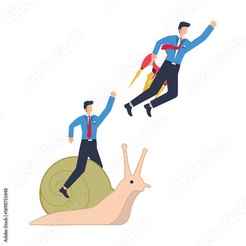 Businessman winner riding rocket, another on slow snail  innovation or skill to success concept, businessman winner riding rocket, another on slow snail. stock illustration
