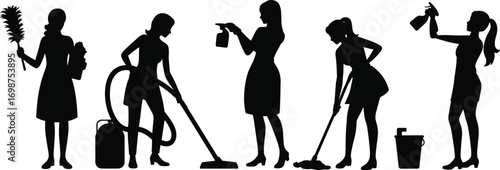Household Chores and Cleaning Service Silhouettes, a Set of Women with Cleaning Supplies for Domestic and Housekeeping Graphics.