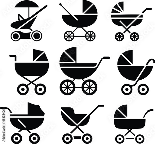 Collection of Baby Stroller Silhouettes, Different Types of Prams and Carriages, Black and White Vector Icons Set