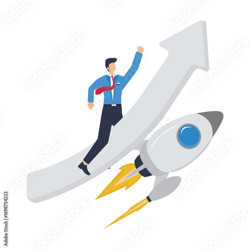 Businessman riding rising arrow with rocket booster increase investment earning or stock market rising up,business concept.flat character. stock illustration