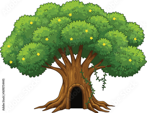 Cartoon large tree with lush green foliage and yellow flowers, treehouse entrance door, magical forest tree, nature and fantasy illustration