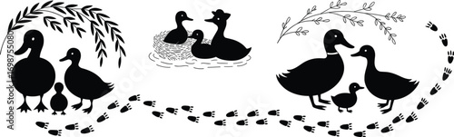 Duck Family Silhouette with Ducklings, Footprints, Nest with Baby Ducks, Decorative Leaves, Black and White Vector, Nature Scene