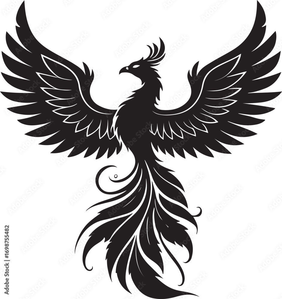 Fototapeta premium Stylized black silhouette of a phoenix with outstretched wings and flowing tail feathers bird mythical