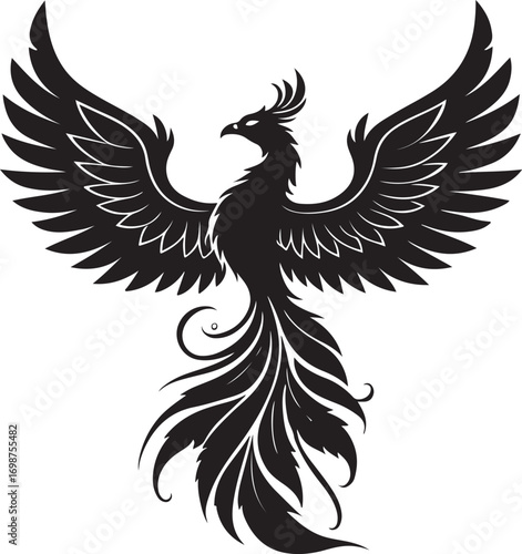 Stylized black silhouette of a phoenix with outstretched wings and flowing tail feathers bird mythical
