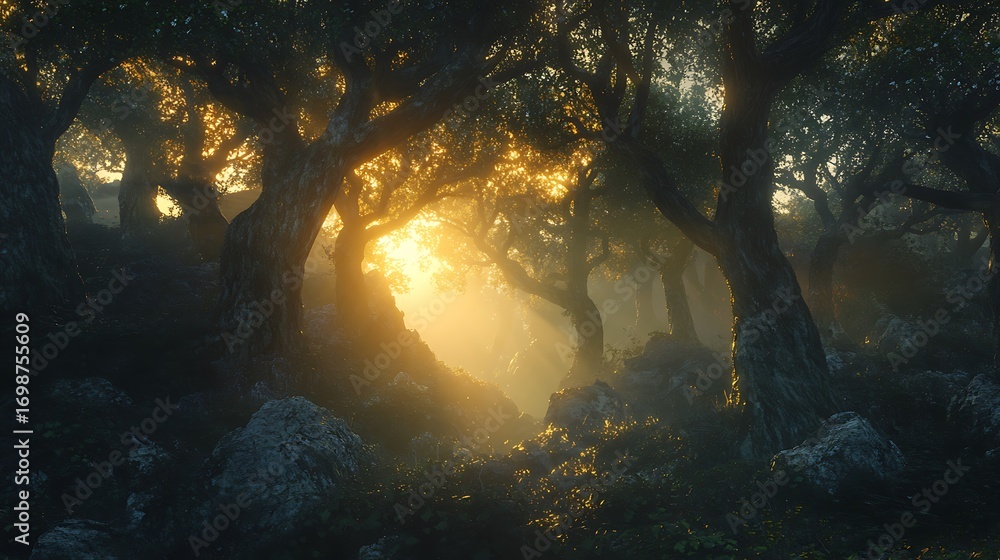 Obraz premium Sunrise shining across mystical woodland path high resolution picture