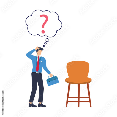 Businessman candidate looking question mark on office chair in flat design change job decision or work opportunity, recruitment or hiring concept, businessman candidate thinking with office chair 