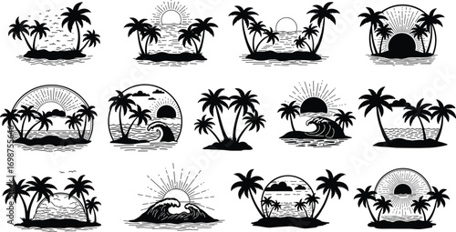 Tropical island illustrations with palm trees, ocean waves, sunset and sunrise scenes, beach landscapes, summer vibes, exotic paradise, nature, sea horizon, tropical vacations, calm atmosphere