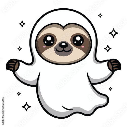 A fantastic Halloween-themed sloth in a glittery kawaii style, ghost-like costume.