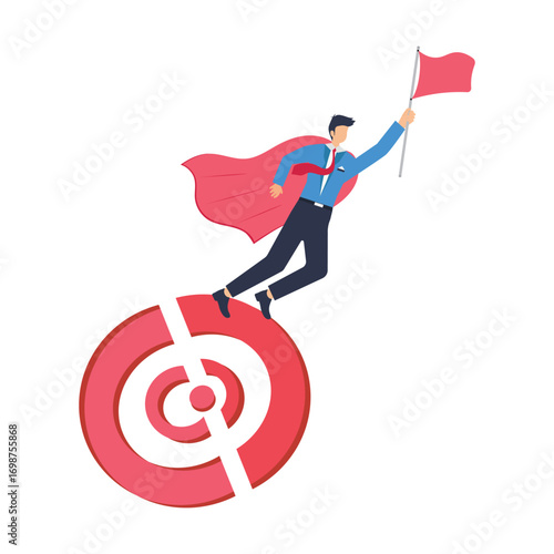 Superhero businessman finish task checklist for work target in flat design self improvement or career growth, Businessman walk up checklist as a ladder to reach target stock illustration