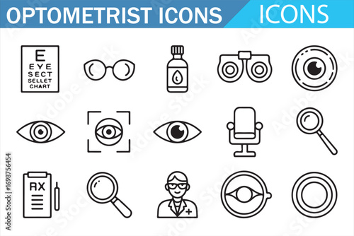 Vector ophthalmology icons set for patient care, exam, and eye health illustration