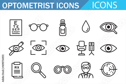Black outline icons pack of optometrist tools, chart, drops, and doctor symbols