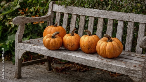 pumpkins on bench for halloween decor