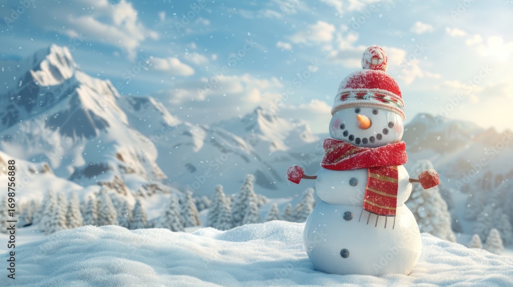 Obraz premium Winter wonderland scenery featuring a charming snowman against a majestic mountain backdrop