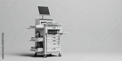 Monochromatic Professional Grade Laser Printer and Document Scanner Machine on Wheels with Shelving and LCD Screen