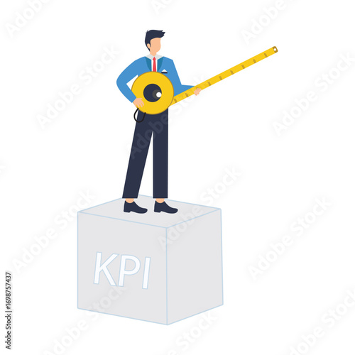 Businessman standing on KPI box and measuring performance  metric or data to review and improve business.character for design stock illustration