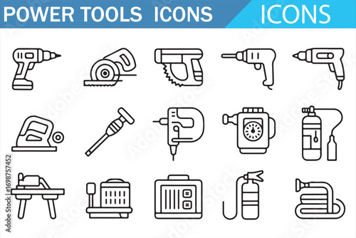 Handyman power tools outline vector icons with industrial and building equipment