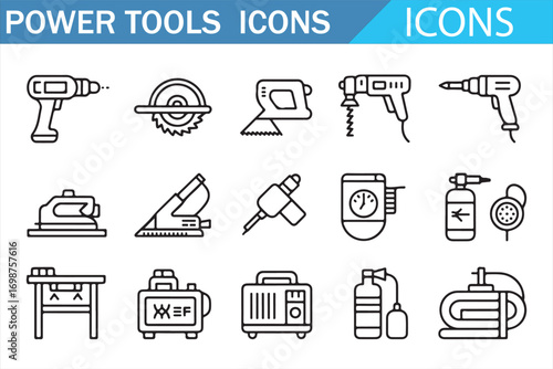 Industrial power tools vector icon pack with saw, sander, compressor, and spray gun