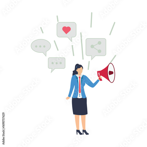 Young woman PR amplify message on social media using megaphone Marketing communication concept, Promotion or important news announcement, Isolated flat vector design illustration. stock illustration 