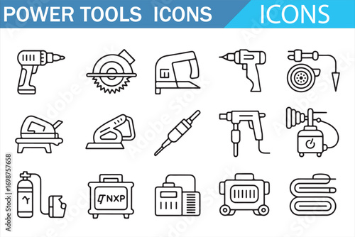 Workshop equipment icons set black and white line vector for handyman and industry