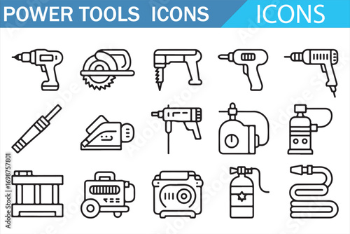 Power tools icons set illustration with drill, saw, grinder, sander, compressor, spray, and workbench, black vector line art collection for construction, workshop, handyman, and industrial equipment d
