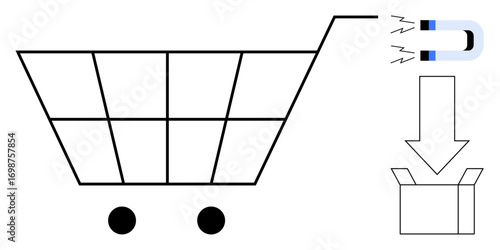 Shopping cart using a magnet to collect items and place them in a box. Ideal for e-commerce, online shopping, marketing, customer retention, logistics, packaging, order processing. Simple flat