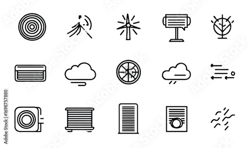 Outline Icons Collection Representing Weather Phenomena HVAC Systems and Renewable Energy Resources in Simple Design