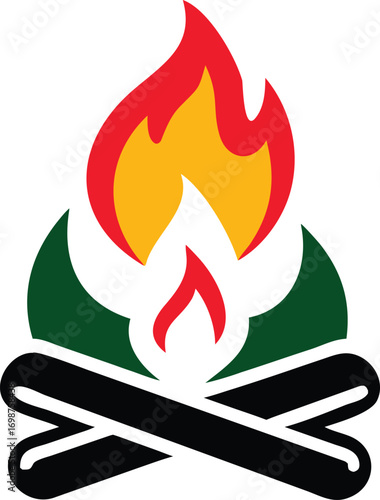 Colorful campfire with burning flames sitting atop black logs and green tinder is transparent