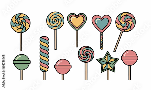 Colorful Cartoon Lollipops and Suckers in Various Shapes and Designs.