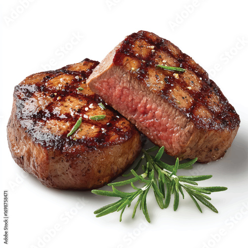 Perfectly Seared Filet Mignon Steaks with Rosemary Garnish on White Background Studio Shot