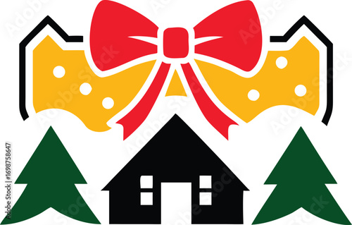 A black house is under a gold box with red ribbon and green trees