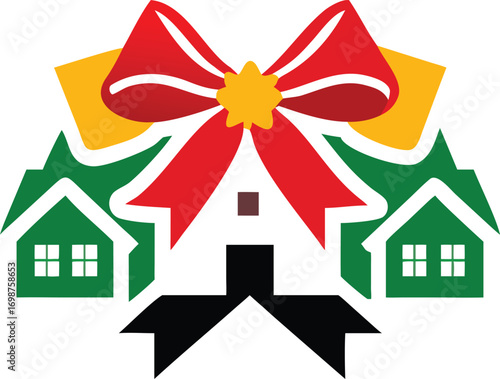 Stylized houses are adorned with a festive red bow and star on transparent background