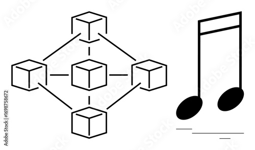 Simplified blockchain network of interconnected cubes alongside a musical note. Ideal for blockchain, decentralization, music, digital technology, creativity, innovation, modern design, simple flat