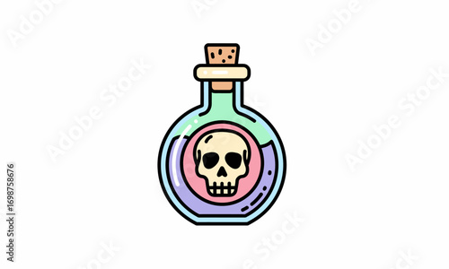 Colorful Cartoon Potion Bottle with Skull, Decorative Style.