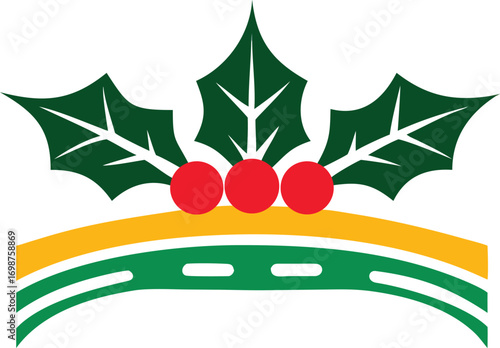 Three shiny red berries sit beneath spiky green holly leaves over road lines against white