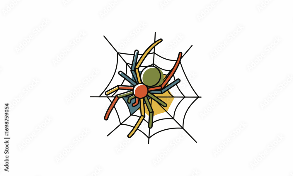 Obraz premium Colorful stylized spider with red, blue, and yellow legs resting on a simple black line art spiderweb.