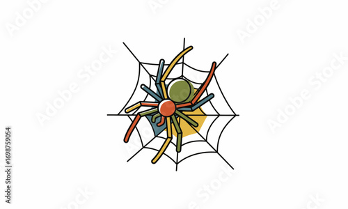 Colorful stylized spider with red, blue, and yellow legs resting on a simple black line art spiderweb.