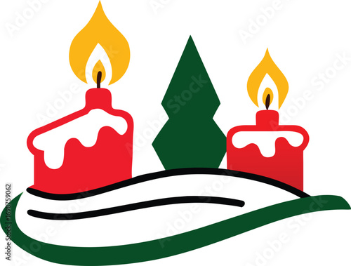 Two red candles burn brightly beside a simple green Christmas tree icon