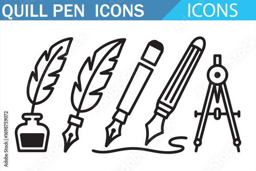 Vector stationery icons collection with quill, fountain pen, and ink outline art
