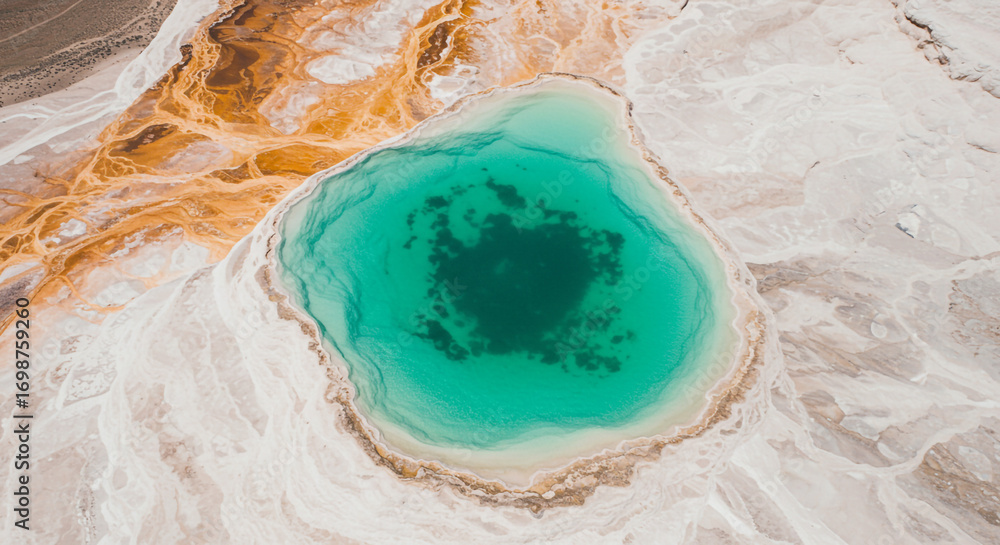 Obraz premium Discover stunning aerial views of Yellowstone's Grand Prismatic Spring's vibrant colors and geothermic features for your next travel campaign
