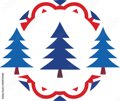 Three blue stylized pine trees are framed by a red decorative border on white