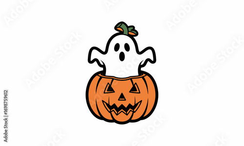 Cute cartoon ghost with black eyes and mouth popping out of a smiling carved orange Halloween pumpkin with a green stem.