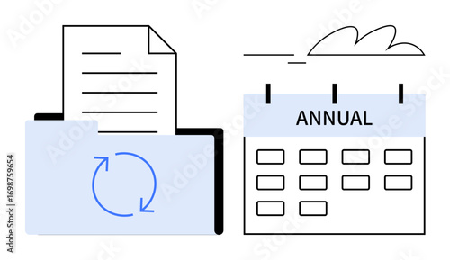 Folder with a document and sync icon beside a marked annual calendar. Ideal for workflow, time management, scheduling, productivity, organization, recordkeeping, simple flat metaphor