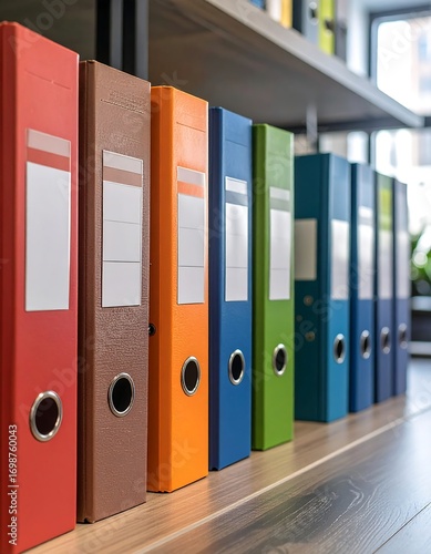 Row of colorful file folders on a shelf