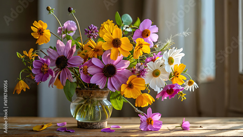 A vibrant bouquet of wildflowers in a glass vase sits on a rustic wooden table, bathed in soft, natural light, creating a serene and inviting atmosphere with its colorful petals and delicate details