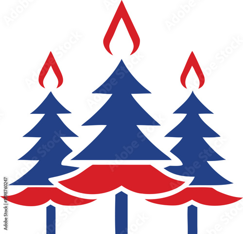 Stylized illustration depicts three blue Christmas trees crowned with red candle flames on white